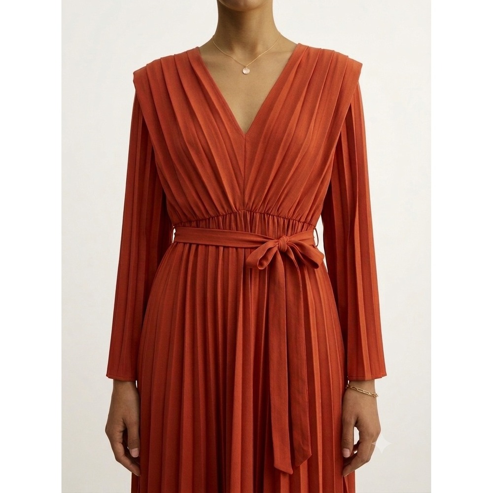 Zara Pleated V-Neck Minimalist Retro Fall Dress Rust Long Sleeve Belted A-Line S